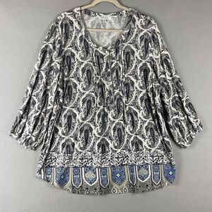 Rose Olive Tunic Top Womens 2X Paisley Pintuck Button Stretch Relaxed Casual